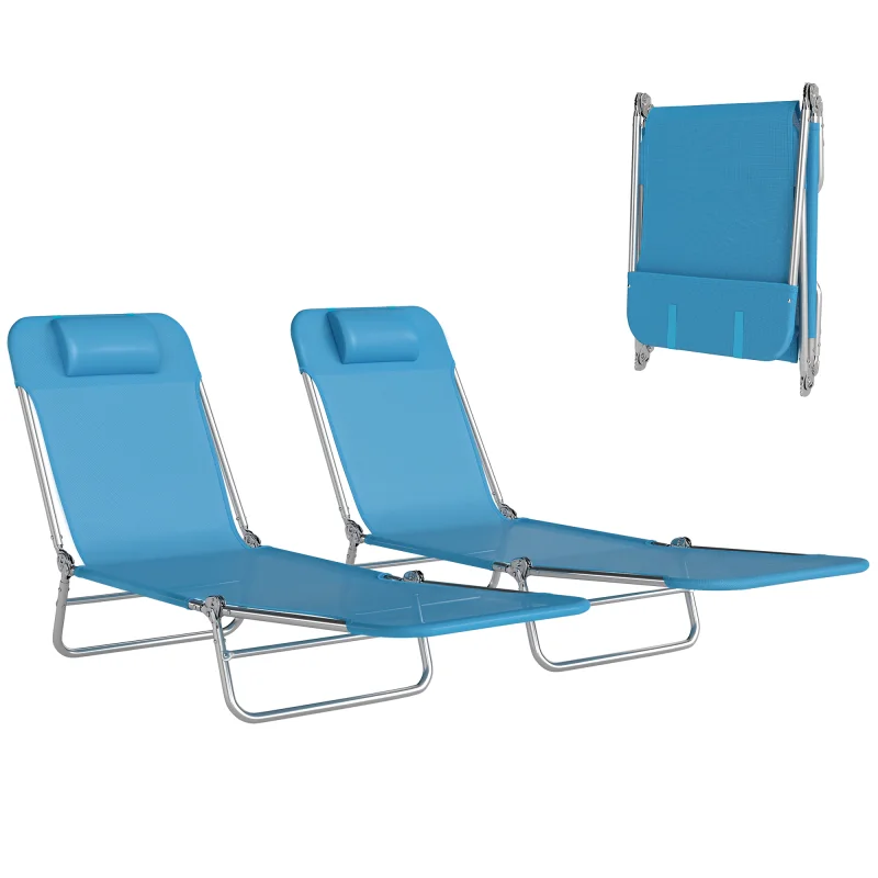 2 Piece Folding Chaise Lounge Chairs, Pool Sun Tanning Chairs with Reclining Back, Breathable Mesh Seat, Headrest, Blue