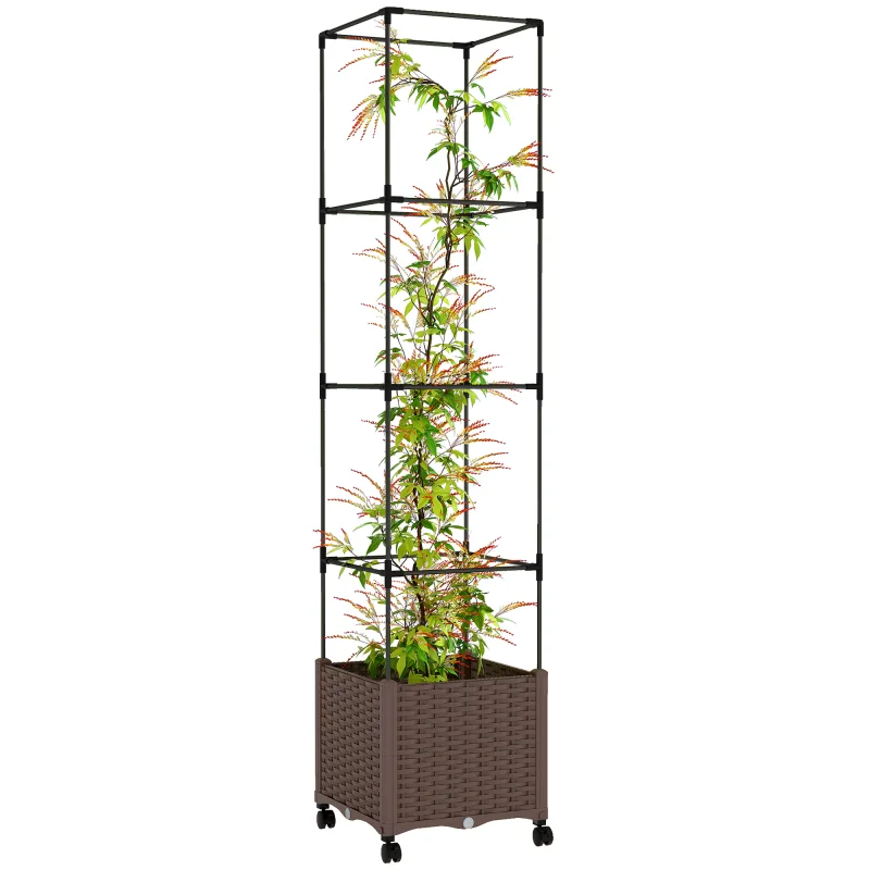 Raised Garden Bed with Trellis, Tomato Cage with Lockable Wheels, Self Watering Planter Box with Drainage Holes, Brown