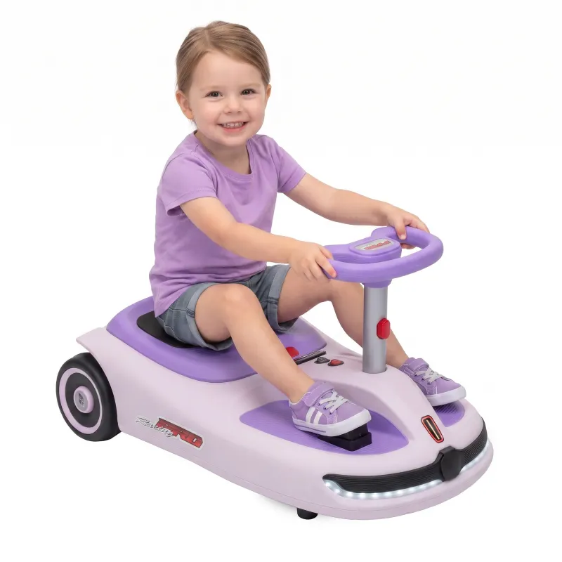 12V Electric Wiggle Car with Convertible Steering Wheel Pull Handle, 2 Speed, Music, Lights for 3-5 Years, Purple