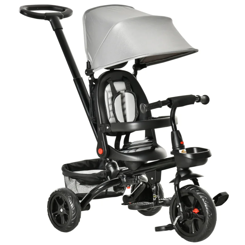 Kids Tricycle, 5 in 1 Foldable Trike with Reversible Seat, Adjustable Parent Handle, Safety Harness, Wheel Brakes, Gray