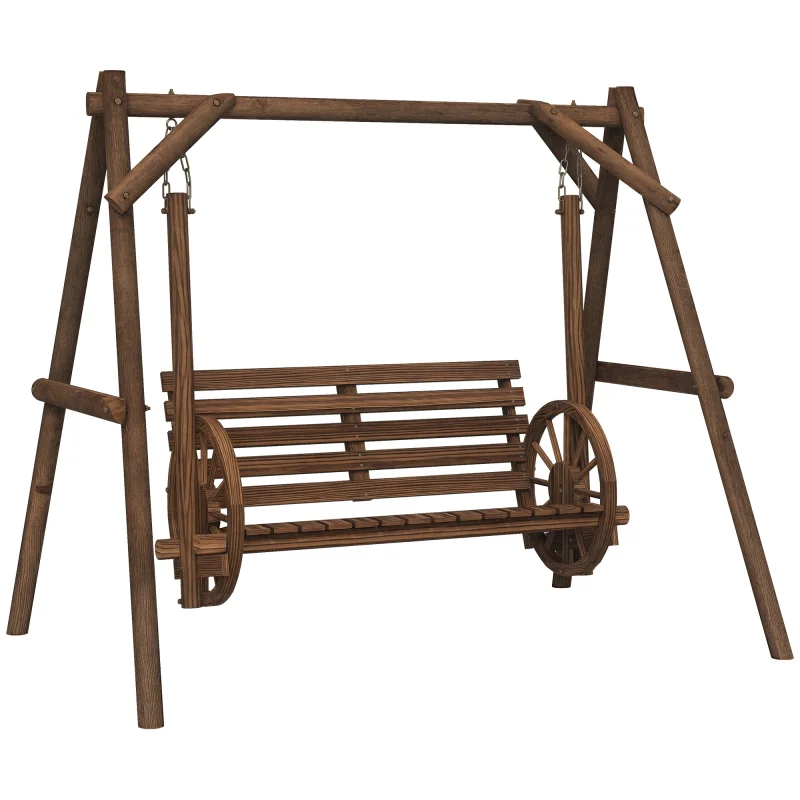 2-Seat Porch Swing with A-Frame Stand, Wooden Log Patio Swing Chair Bench with Wagon Wheel Armrests, Carbonized Brown