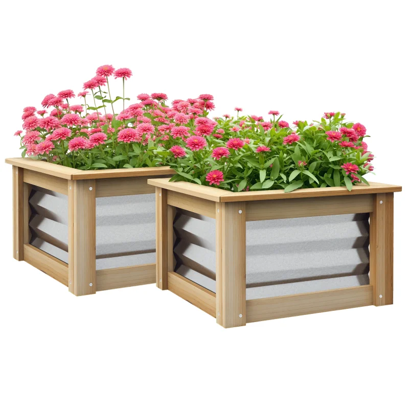 Raised Garden Beds Set of 2, Metal and Wood Combined Planter Box, for Growing Flowers, Herbs and Vegetables