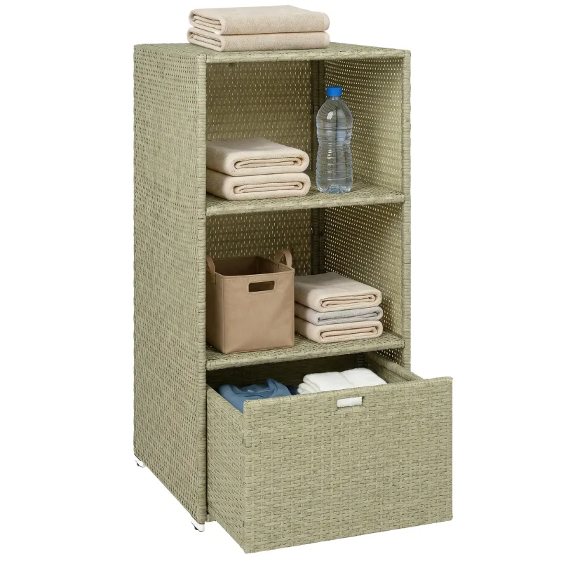 Valet Pool Towel Rack, Water-Resistant PE Plastic Rattan Wicker Storage Organizer, 2 Shelves, 1 Basket Drawer