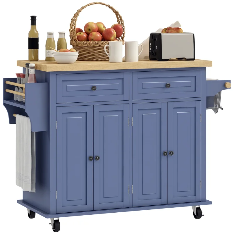 Kitchen Island on Wheels, Rolling Cart with Rubberwood Top, Spice Rack, Towel Rack and Drawers, Navy Blue