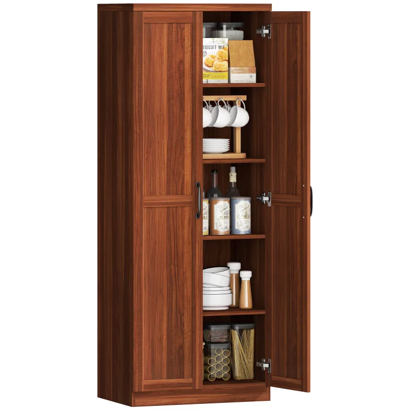 63" 2-Door Kitchen Pantry, Freestanding Storage Cabinet with 5-tier Shelving and 2 Adjustable Shelves for Dining Room, Brown