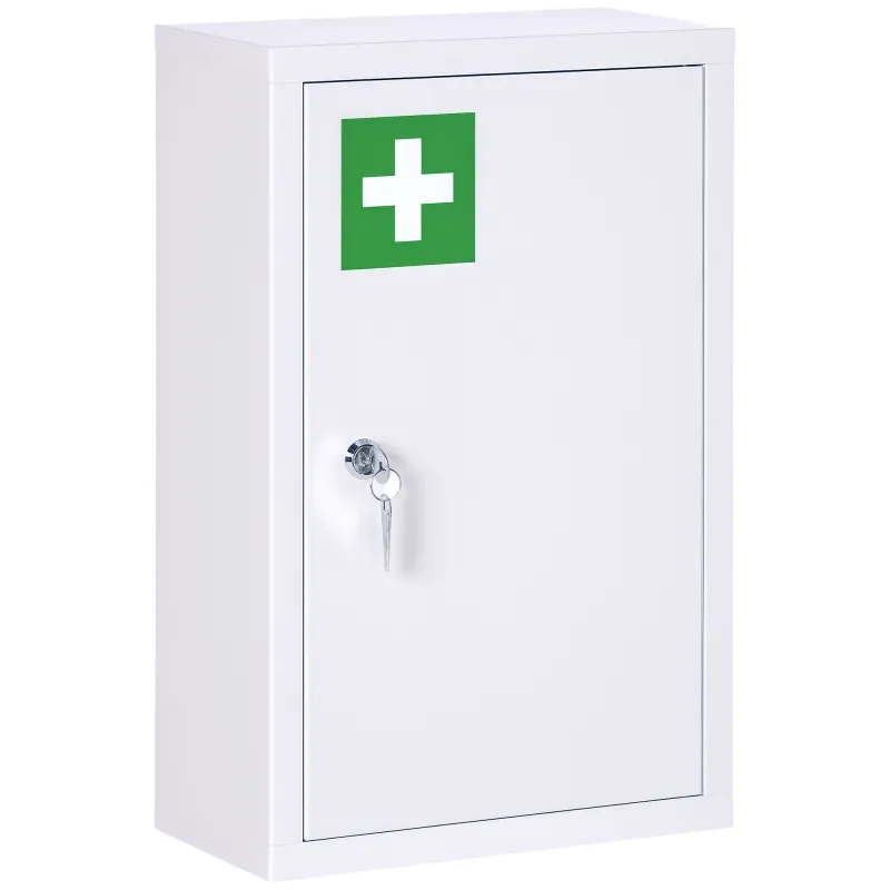 12" x 18" Lockable Medicine Cabinet, 3 Tier Steel Medical Wall Box with 2 Keys and Shelves for Bathroom, White