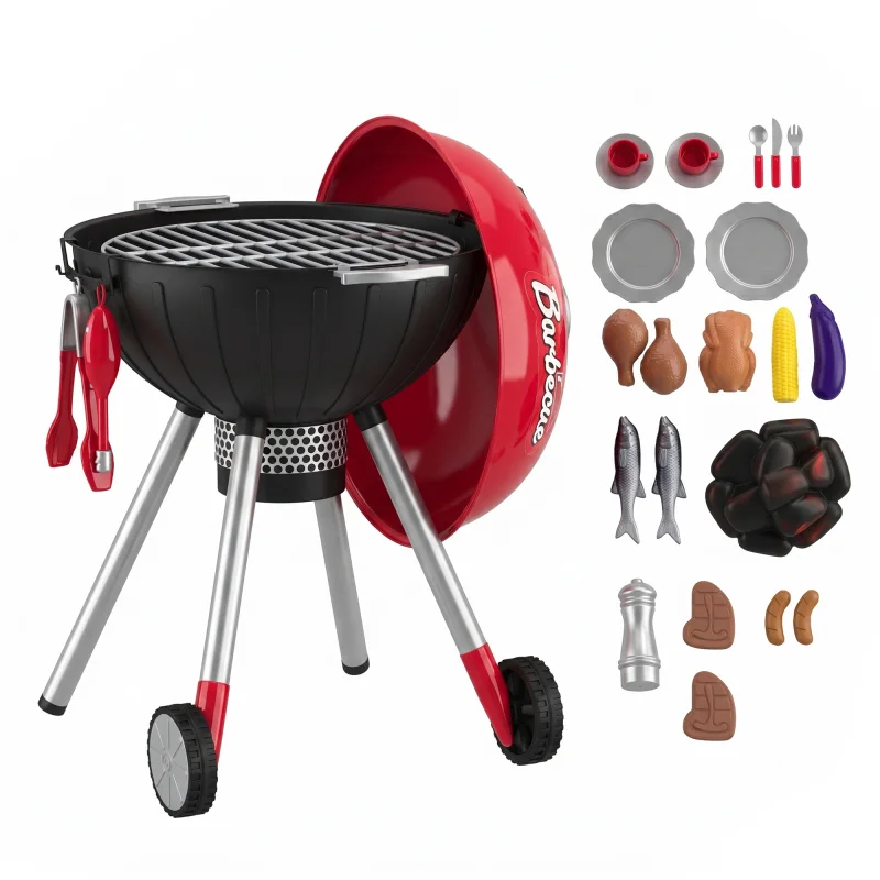 Kids Kitchen Playset with Sounds, Lights & Realistic Charcoal Effect, 40PCS Pretend BBQ Grill Playset for 3-6 Y, Red