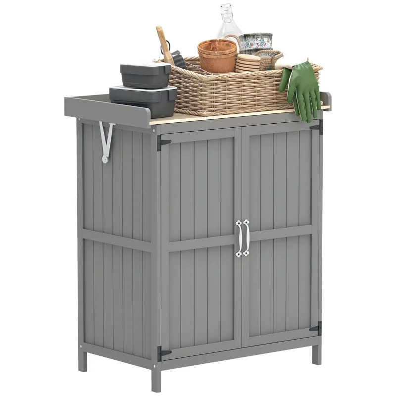Outdoor Storage Cabinet, Garden Tool Shed with Metal Tabletop and Shelf, Wooden Potting Bench with 2 Doors, Gray