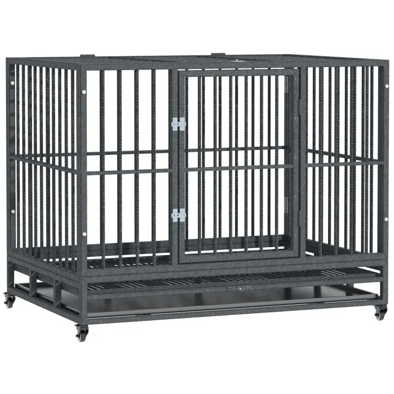 43" Heavy Duty Dog Crate Metal Cage Kennel with Lockable Wheels, Double Door and Removable Tray, Gray