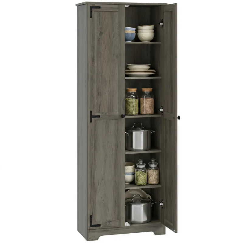 67" Farmhouse Pantry Cabinet, Freestanding Food Pantry Cabinet with Adjustable Shelves, Distressed Gray