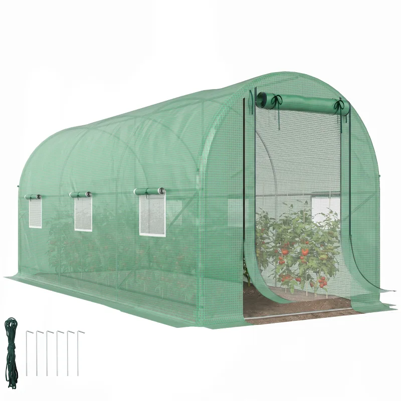 Hoop House Greenhouse, Walk-in Tunnel Greenhouse with 2 Support Rods, Zippered Roll-up Mesh Door, 14.6'x6.5'x6.6', Green