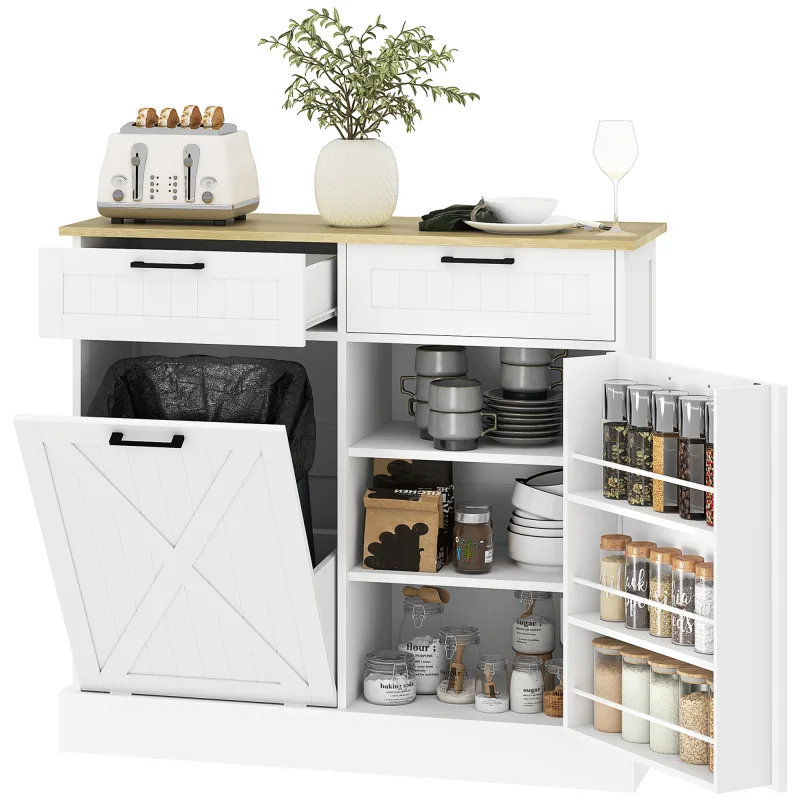 10 Gallon Farmhouse Kitchen Cabinet with Hidden Trash Can and 2 Drawers, Tilt Out Trash Can Cabinet for Kitchen, White
