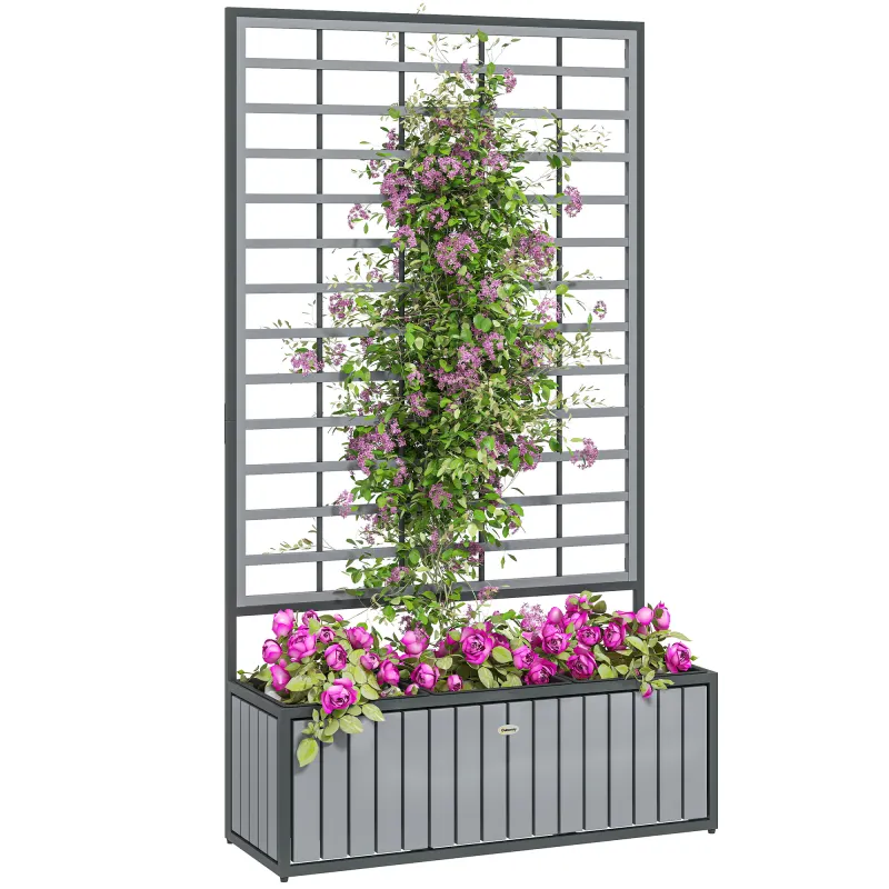 Wooden Raised Garden Bed with Trellis, Removable Pots, for Backyard, Patio, Balcony, 29" x 11" x 52", Gray