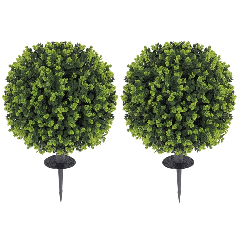 2 Pack 1.3ft Artificial Ball Eucalyptus Topiary with Ground Stake, UV Resistant Faux Greenery for Indoor Outdoor