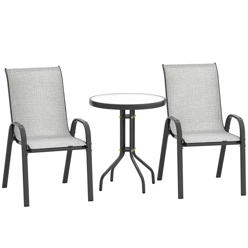 3 Pieces Bistro Set, Small Patio Furniture Set with Stackable Chairs and Glass Table for Backyard, Balcony, Gray
