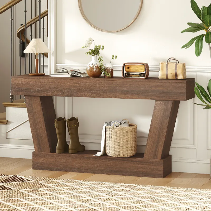 63 Inch Vintage Console Table, Narrow Entryway Table with Open Shelf for Living Room, Brown