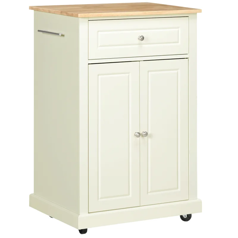 Rolling Kitchen Island Cart, Portable Serving Trolley Table with Drawer, Adjustable Shelf and 2 Towel Racks, Cream White