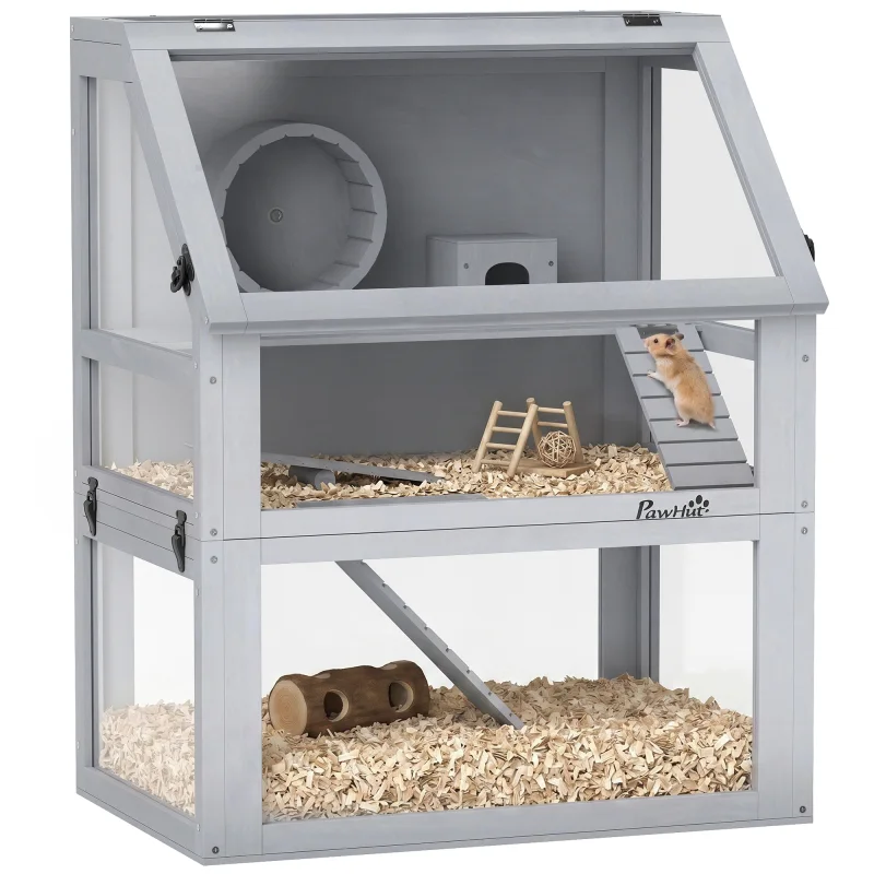 3 Tier Wooden Hamster Cage w/ Detachable Bottom, Hut, Seesaw, Exercise Wheel, Ramps, 24" x 16" x 29.5"