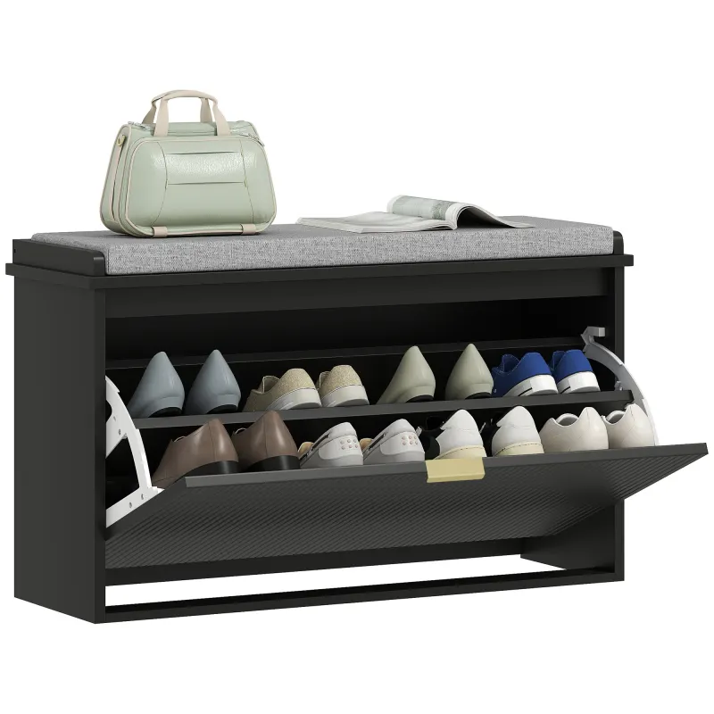 Shoe Storage Bench with Padded Seat Cushion and Flip-Drawer, Entryway Bench, Shoe Cabinet, 31.5x10.2x18.7 Inches, Black