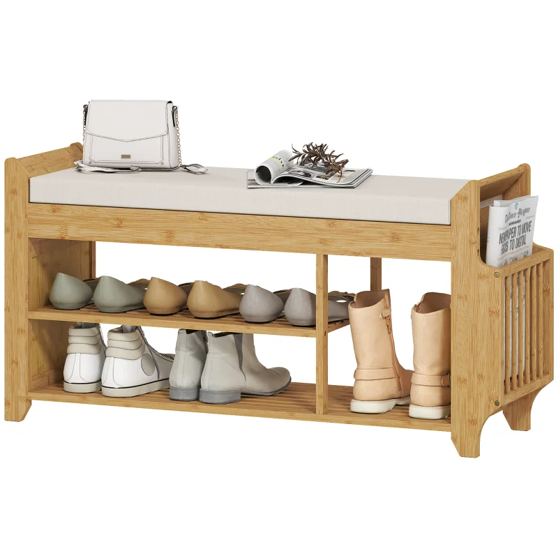 Shoe Bench with Cushioned Seat Shoe Storage Bench with Side Umbrella Holder for Entryway Natural and Cream