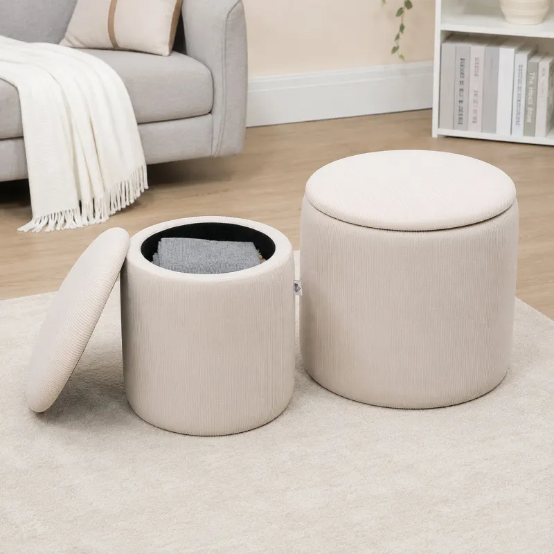 Corduroy Stool, Ottoman with Storage Set of 2, Removable Wood Lid, Hidden Space, Cream White