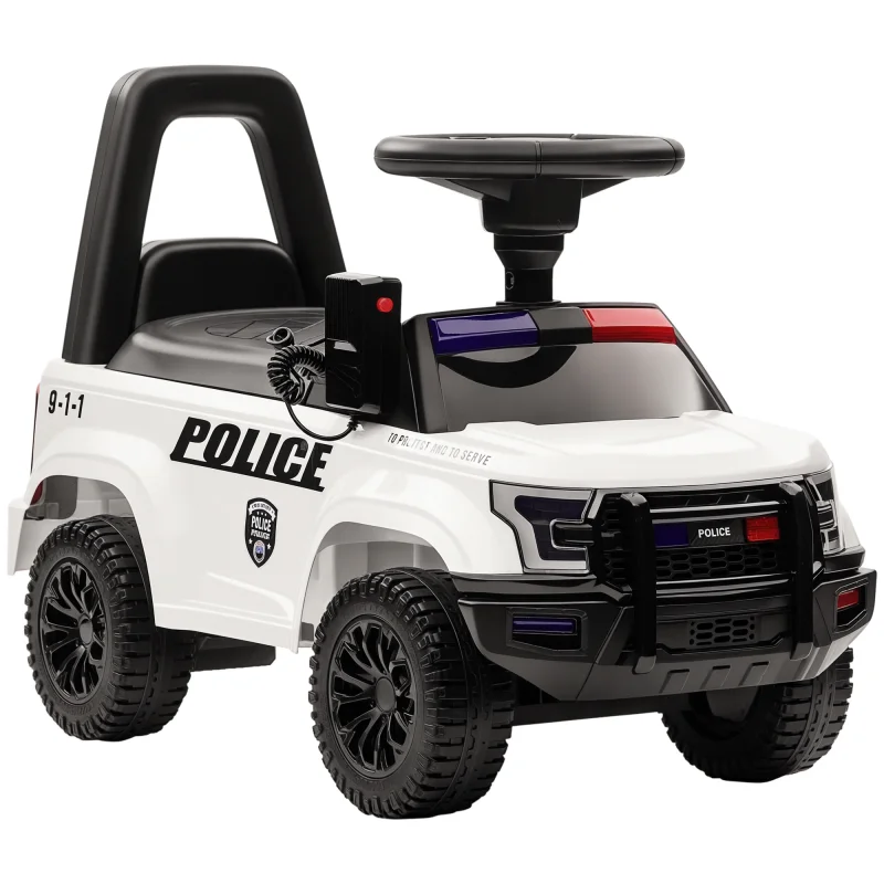 Kids Push Ride On Car with Working PA System and Horn, Police Truck Style Foot-to-Floor Sliding Car, White