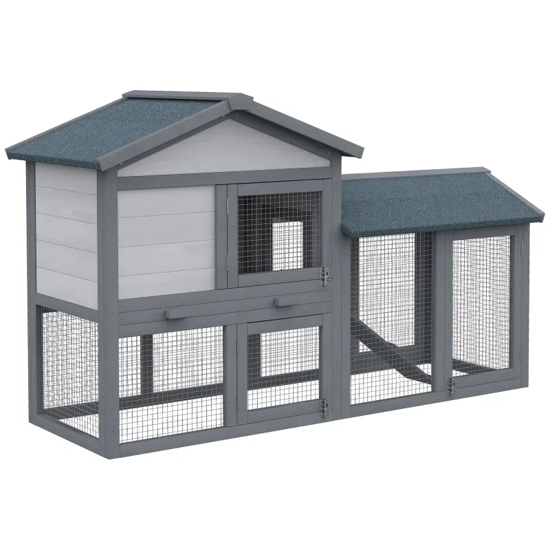 58" Large Rabbit Hutch Outdoor Indoor, Wooden Bunny Hutch, Guinea Pig Cage with Run, Removable Tray, Dark Gray