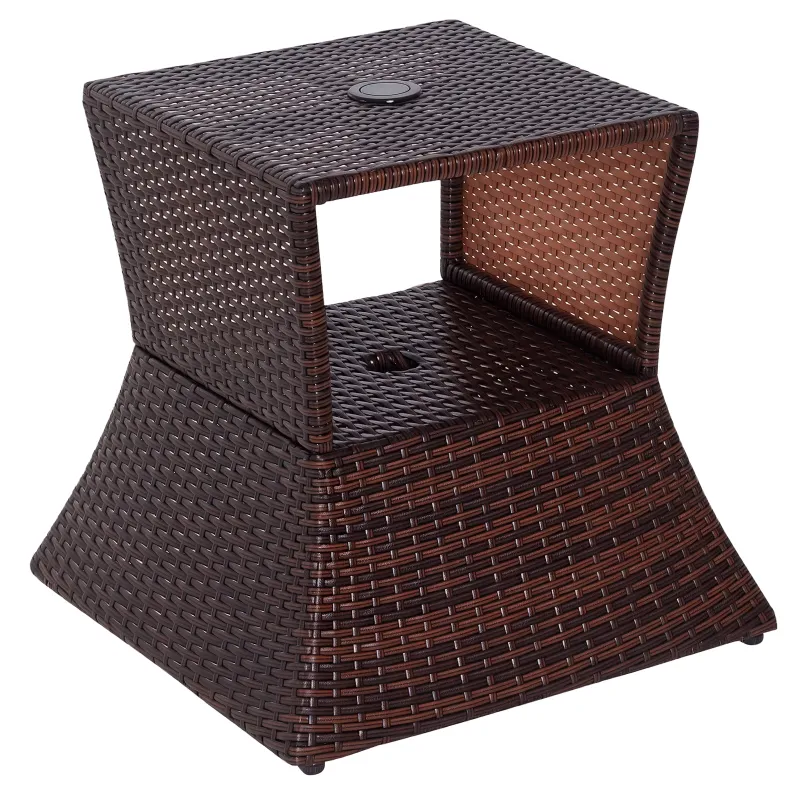 Outdoor Side Table with Umbrella Hole, 2 Tier Rattan Wicker End Table with Storage Shelf, All Weather