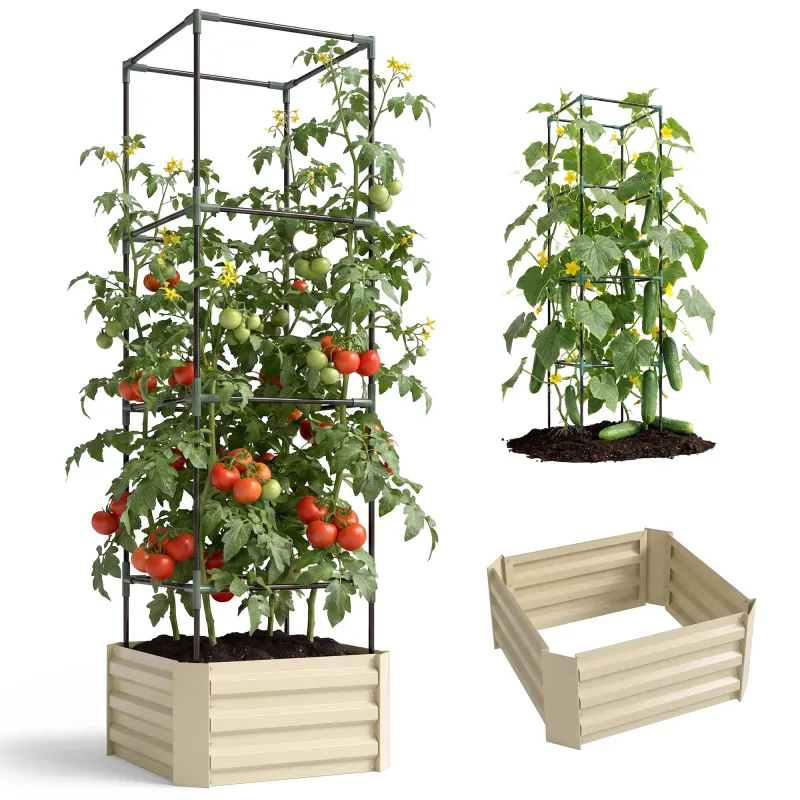 Galvanized Planter Box, 24" x 24" x 73.5" Raised Garden Bed with Tomato Cage for Climbing Vines, Cream