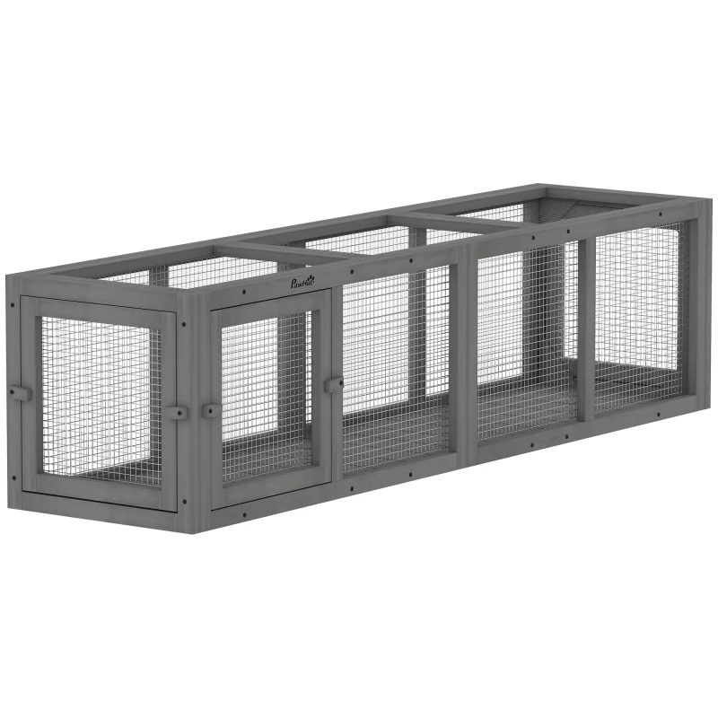 Outdoor Cat Tunnel, 59" Wooden Play Cat Enclosure, Extendable Pet Run with 3 Doors for Kitty, Puppy, Gray