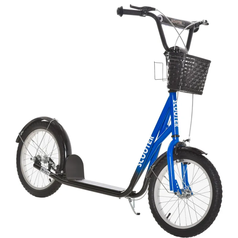 Youth Scooter, Kick Scooter with Adjustable Handlebars, Double Brakes, 16" Inflatable Rubber Tires, Basket, Blue