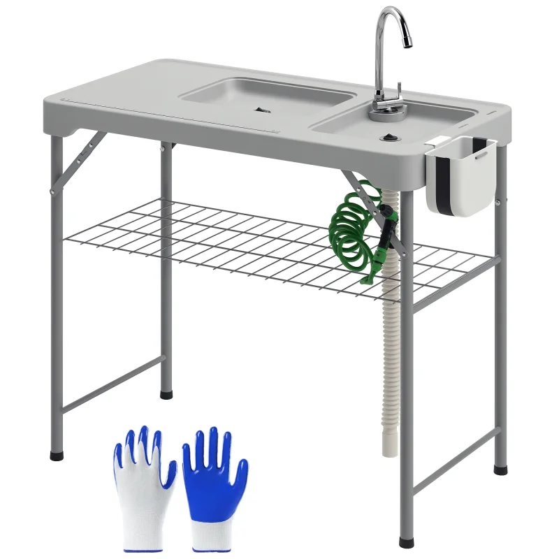 Folding Fish Cleaning Table with Sinks, Portable Camping Sink Table with Faucet, Drainage Hose, Sprayer, Shelf, Drawer and Storage Basket, Outdoor Fillet Table for Picnic Beach Patio, Gray