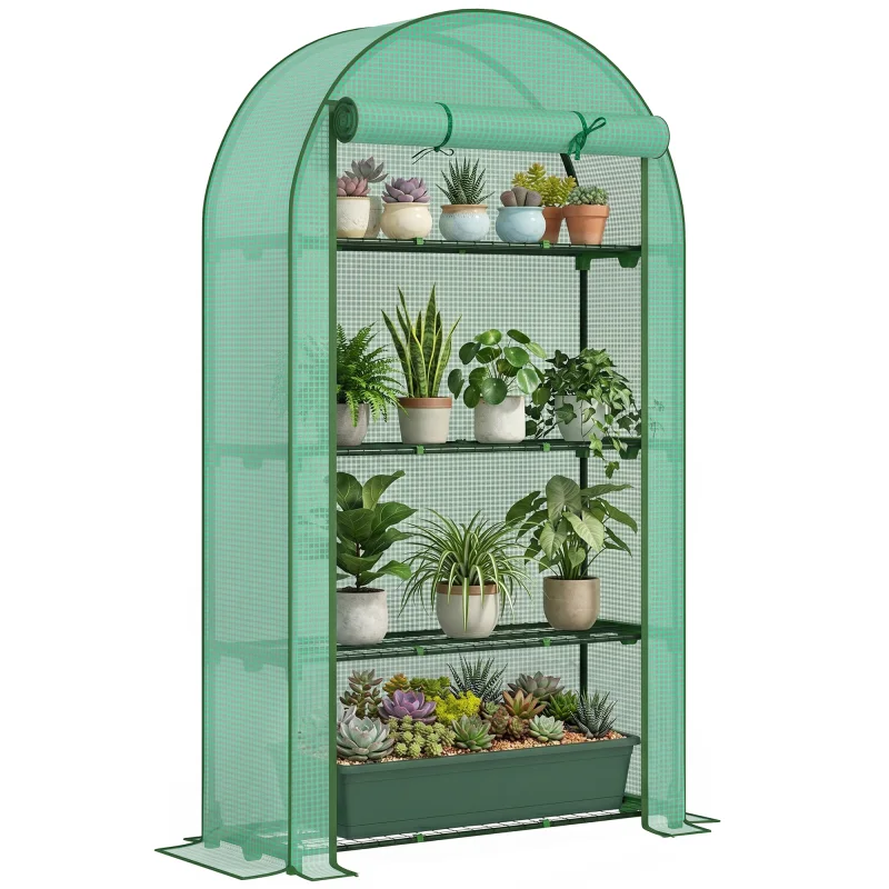 Mini Greenhouse, Portable Greenhouse with 4 Tier Shelves, Roll-Up Door, and Plastic Cover, 41.3" x 17.7" x 63", Green