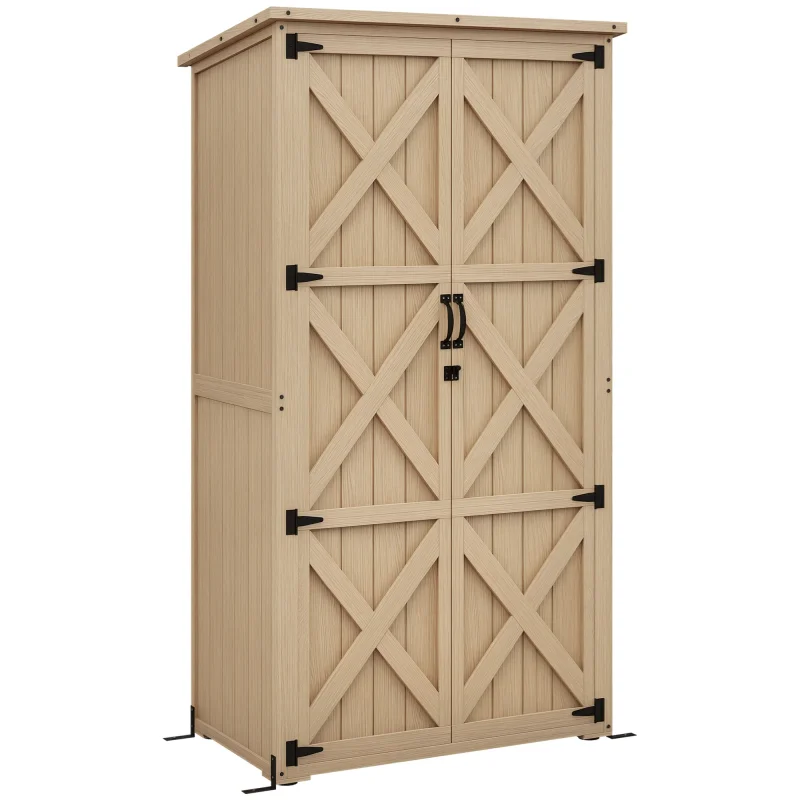 Wooden Outdoor Storage Cabinet Garden Shed with Waterproof Asphalt Roof and Lockable Doors, Natural