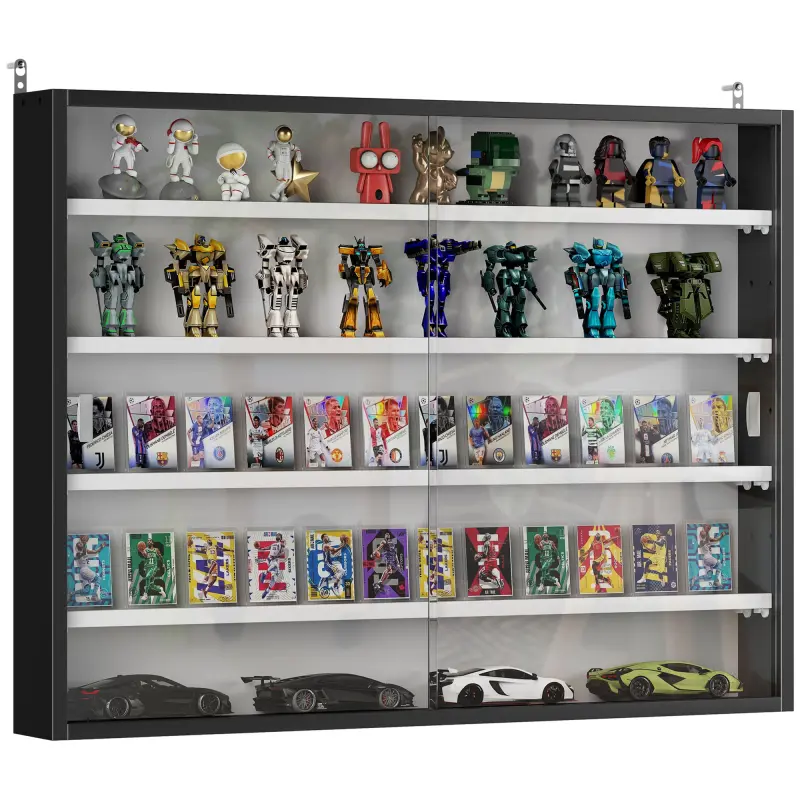 5-Tier Display Cabinet, Wall-Mounted Display Case with 2 Glass Doors and Adjustable Shelves, Black