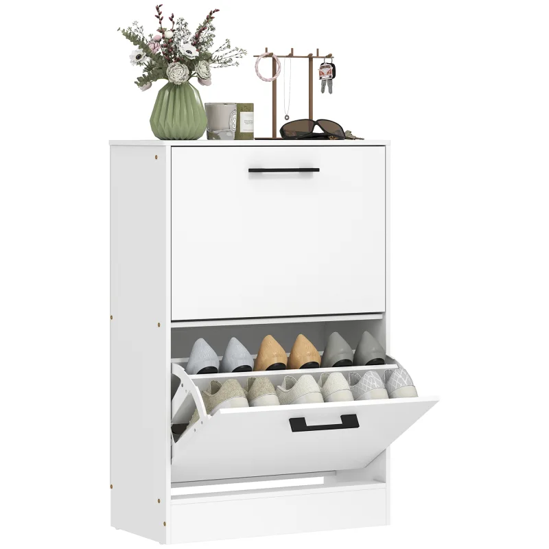 Shoe Cabinet 2 Flip Drawers Narrow Shoe Storage Unit Adjustable Dividers Entryway Hallway White