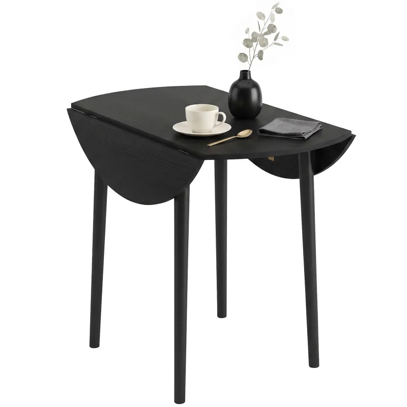 Folding Dining Table, Round Drop Leaf Kitchen Table for Small Spaces with Wood Legs, Black