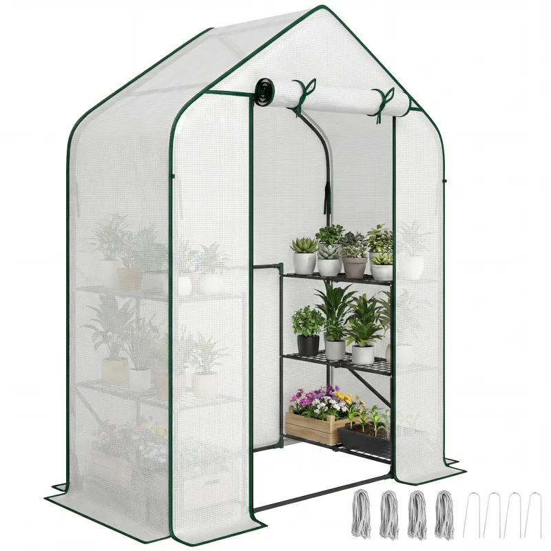 Greenhouse for Outdoors, Portable Greenhouse with 6 Shelves, UV-Resistant PE Cover, Roll-Up Door, White