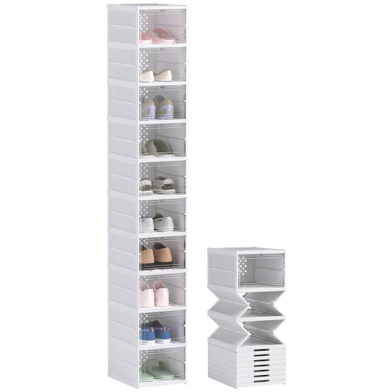 Stackable Plastic Shoe Boxes, 10 Pack Foldable Shoe Storage Boxes with Clear Door, No Assembly, Fit Size 10, White