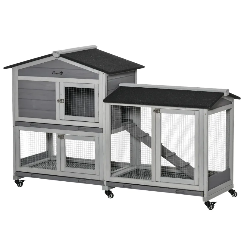 62" Wooden Mobile Rabbit Hutch with Wheels, Run Box, Slide-out Tray, Ramp