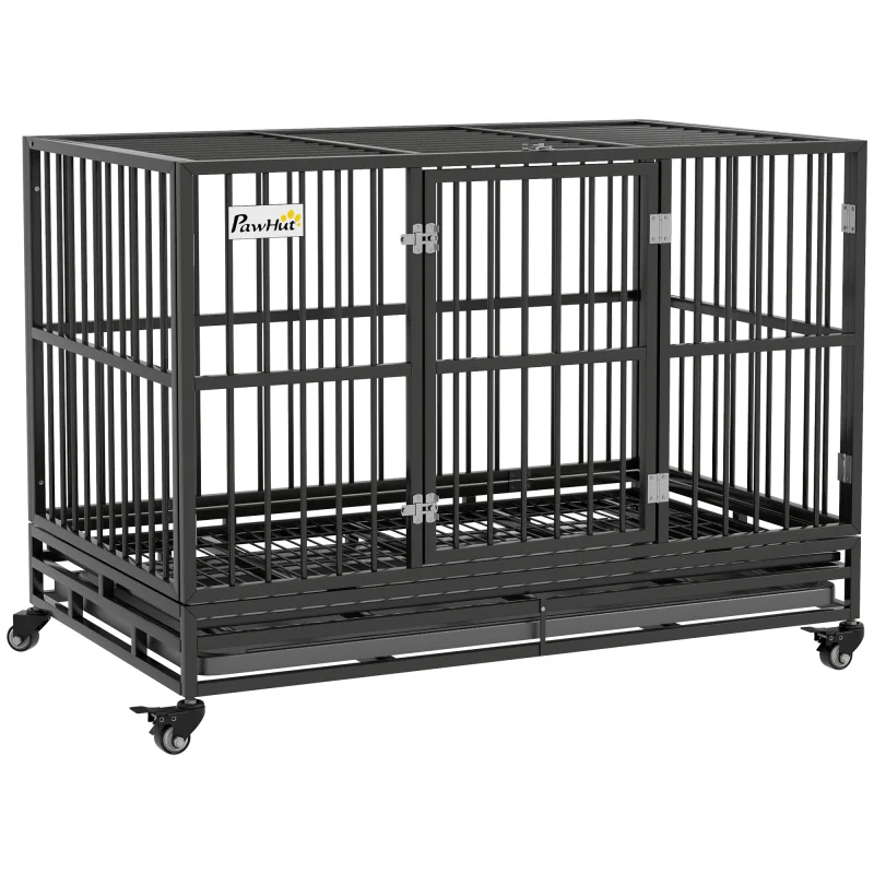 48" Heavy Duty Dog Crate Metal Cage Kennel with Lockable Wheels, Double Door and Removable Tray, gray