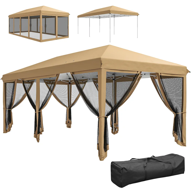 10' x 20' Pop Up Canopy Tent with Netting, Heavy Duty Instant Sun Shelter, Large Tents for Parties with Carry Bag, Beige