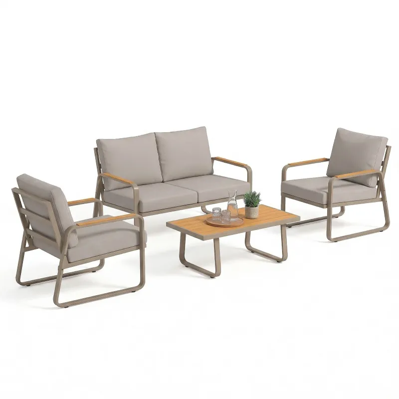 4 Piece Patio Furniture Set, Outdoor Sofa Set with Loveseat, 2 Armchairs, Coffee Table and Cushions