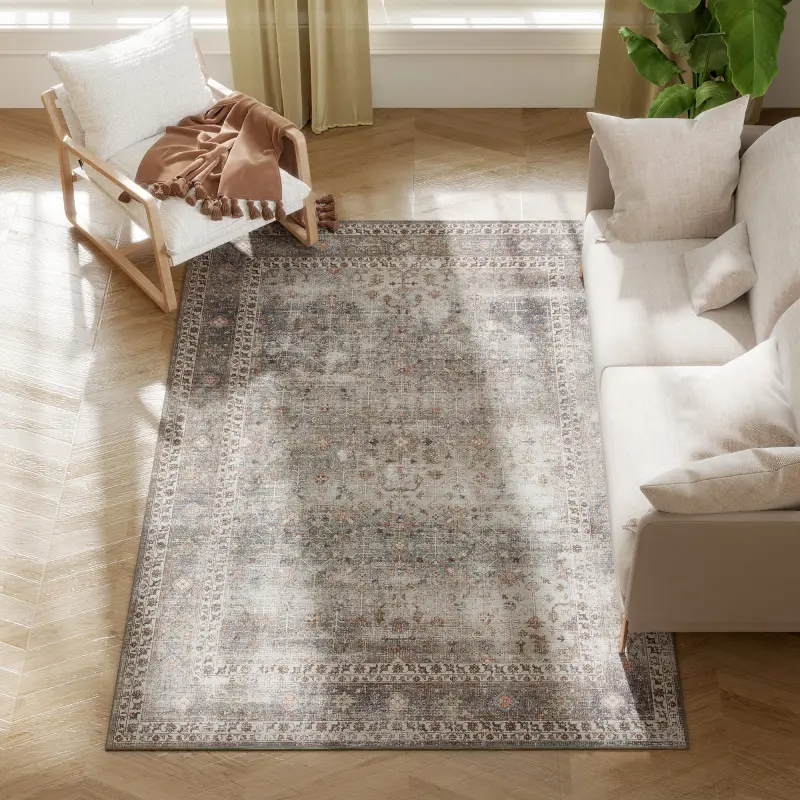 Machine Washable Area Rug 4x6, Non-Slip Traditional Floor Cover Foldable Carpet for Living Room, Dark Mixed-Brown