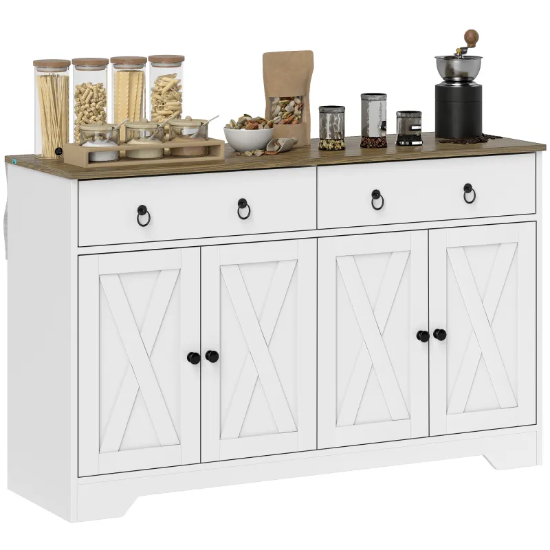 Kitchen Storage Sideboard, Farmhouse Buffet Cabinet with Barn Style Doors, Drawers, Adjustable Shelves, White