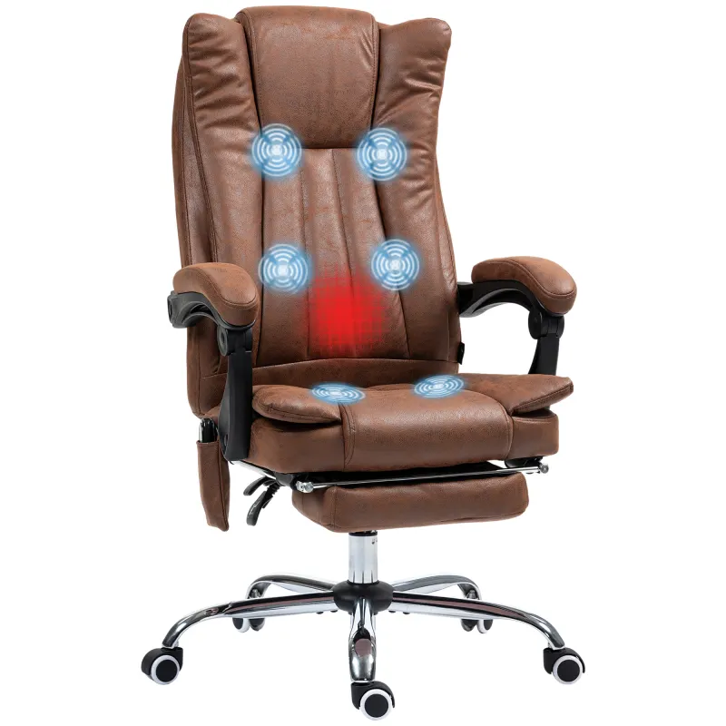 Massage Office Chair with 6 Points and Heat, Reclining Computer Chair with Adjustable Height and Footrest, Brown
