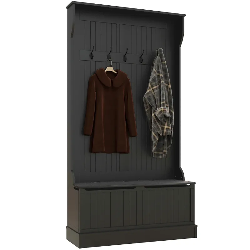 3-In-1 Entryway Bench with Coat Rack, Hall Tree with Bench and Shoe Storage, 5 Hooks for Hallway Black