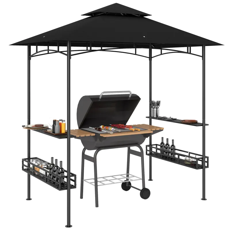 8' x 5' BBQ Grill Gazebo, 2-Tier Outdoor BBQ Gazebo with 2 Side Shelves, Storage Baskets, Ceiling Hook, Dark Gray