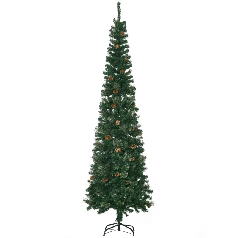 7.5 Foot Pencil Artificial Christmas Tree, Slim Pine Needles Xmas Tree with Realistic Branches, Pine Cones, Metal Base, Green