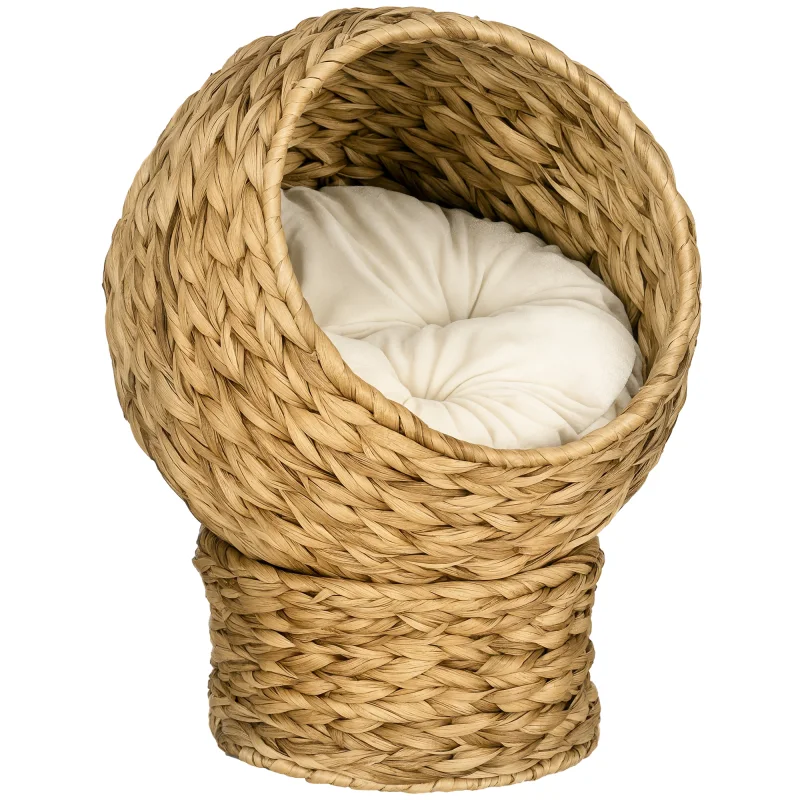 20" Natural Braided Banana Leaf Elevated Cat Bed Basket with Cushion - Brown